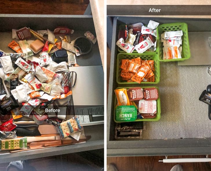 before vs after cleaning shots - messy condiment drawer to tidy condiment drawer