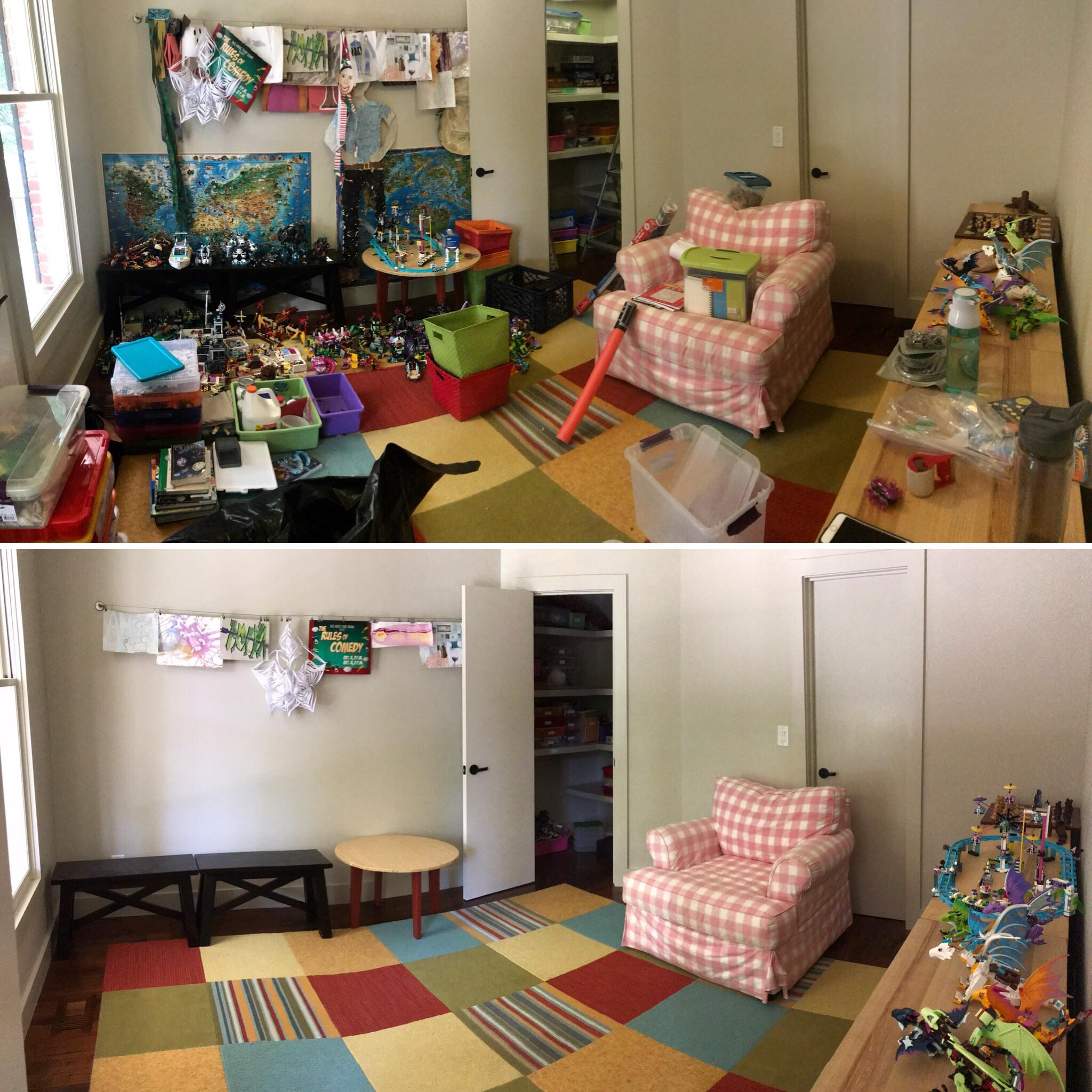 before vs after cleaning shots - store room to play room transformation