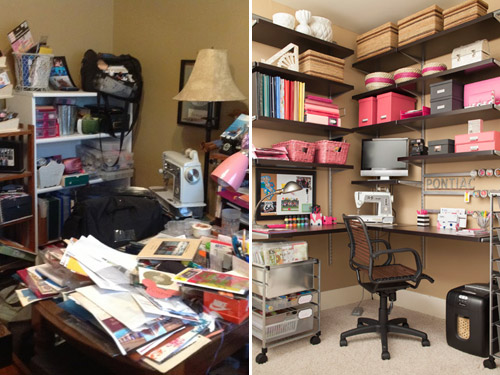 before vs after cleaning shots - messy home office to neat home office