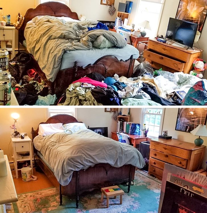 before vs after cleaning shots - messy bedroom to ideal bedroom